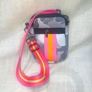 Pink orange and camo neoprene cross body purse